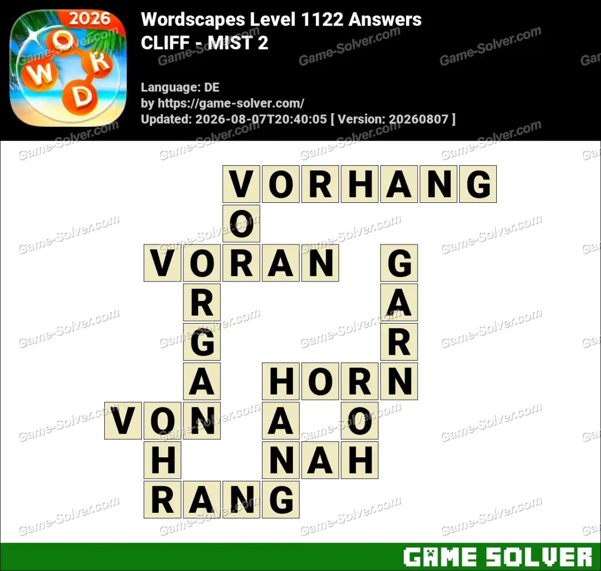 Wordscapes Deutsche Level 1122 Answers — CLIFF - MIST 2