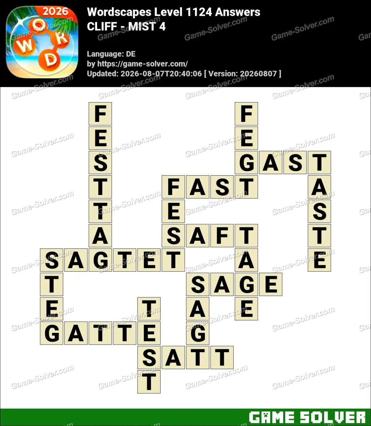Wordscapes Deutsche Level 1124 Answers — CLIFF - MIST 4
