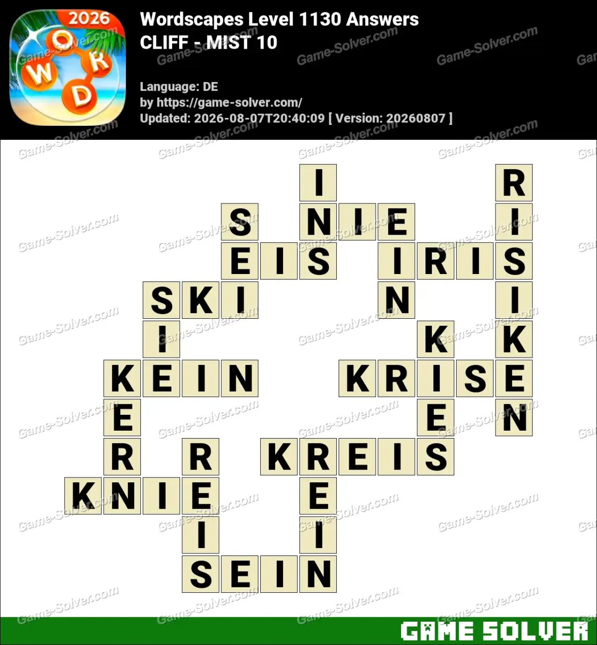 Wordscapes Deutsche Level 1130 Answers — CLIFF - MIST 10