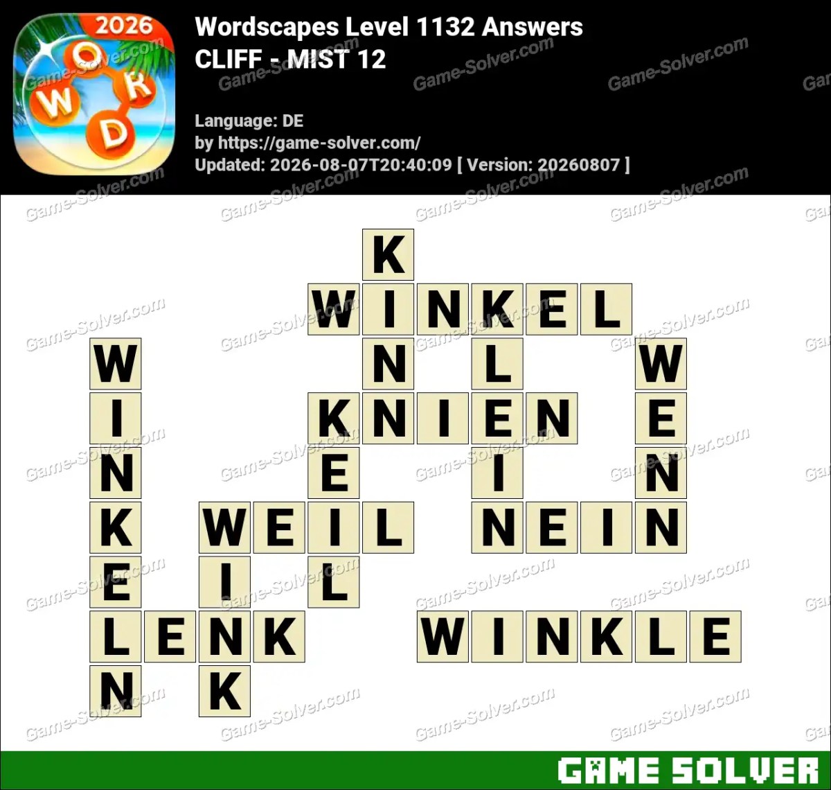 Wordscapes Deutsche Level 1132 Answers — CLIFF - MIST 12