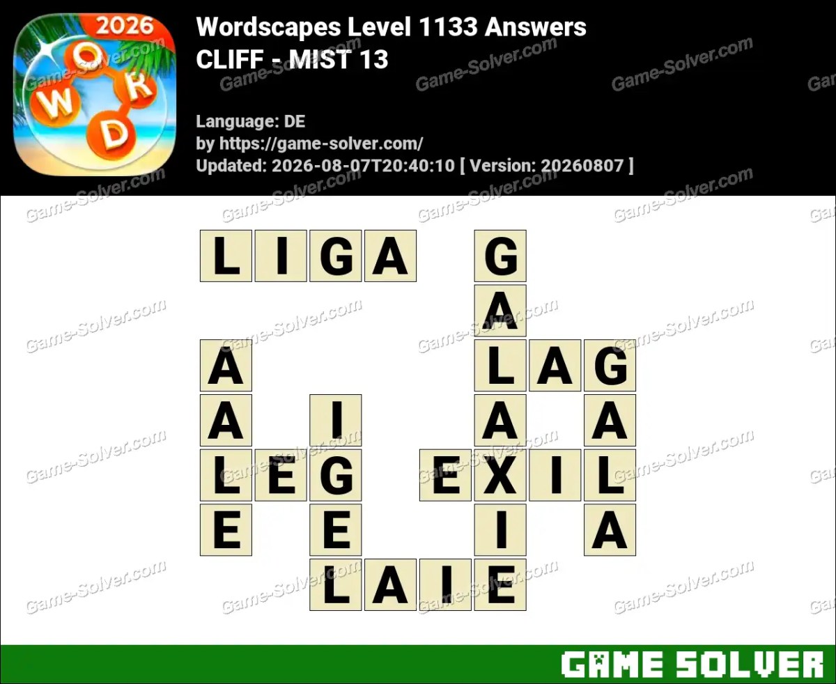 Wordscapes Deutsche Level 1133 Answers — CLIFF - MIST 13