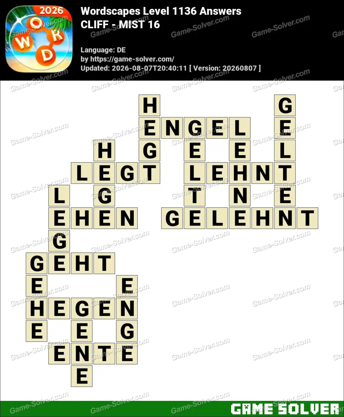 Wordscapes Deutsche Level 1136 Answers — CLIFF - MIST 16