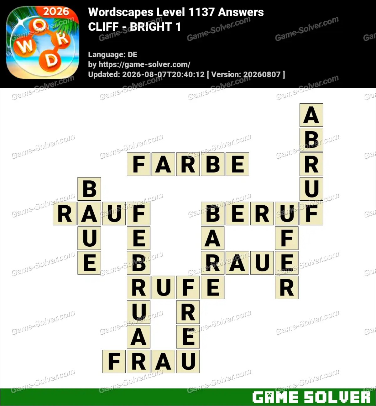 Wordscapes Deutsche Level 1137 Answers — CLIFF - BRIGHT 1