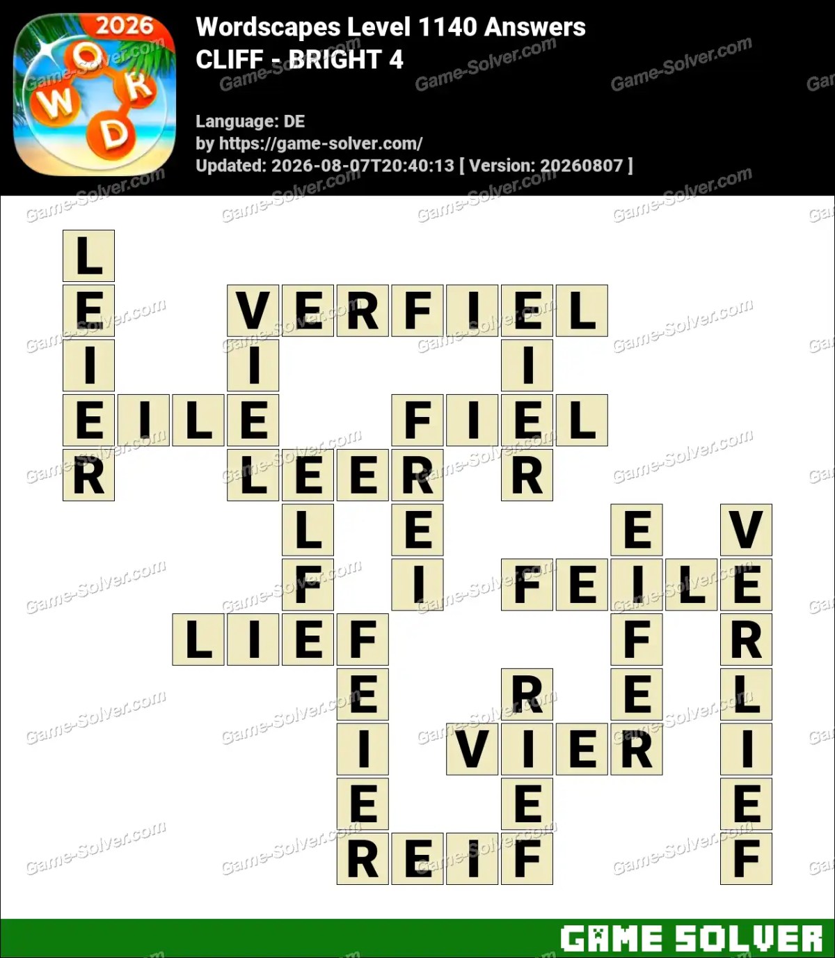 Wordscapes Deutsche Level 1140 Answers — CLIFF - BRIGHT 4