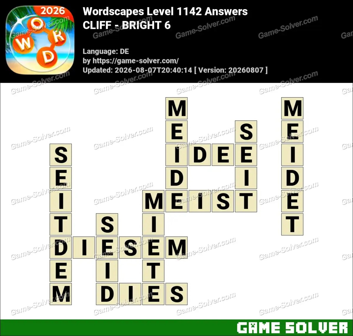 Wordscapes Deutsche Level 1142 Answers — CLIFF - BRIGHT 6