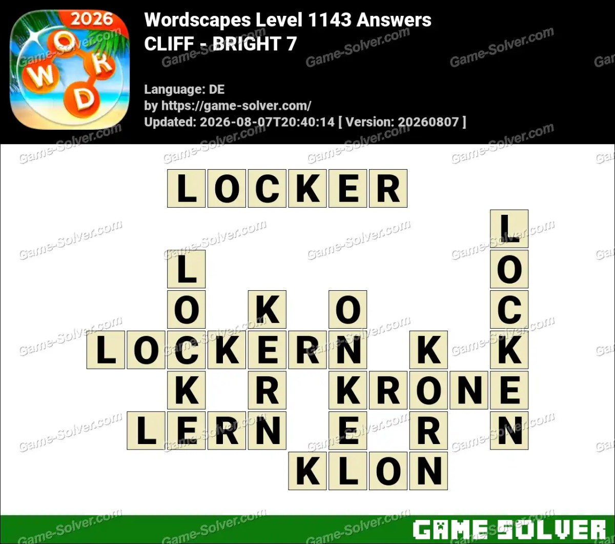 Wordscapes Deutsche Level 1143 Answers — CLIFF - BRIGHT 7