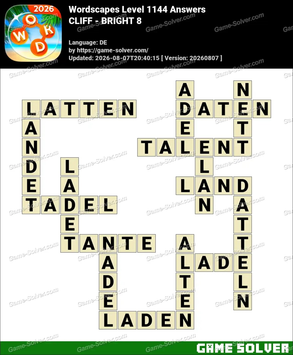Wordscapes Deutsche Level 1144 Answers — CLIFF - BRIGHT 8