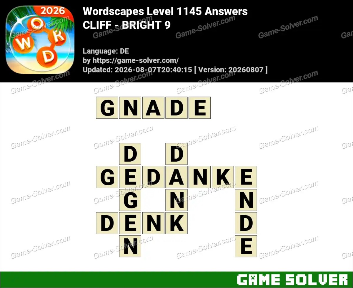 Wordscapes Deutsche Level 1145 Answers — CLIFF - BRIGHT 9
