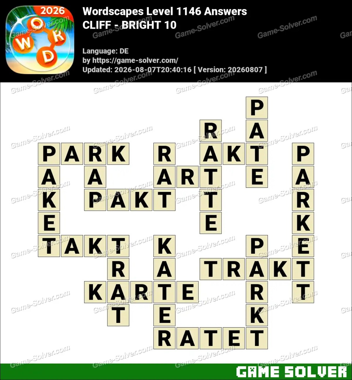 Wordscapes Deutsche Level 1146 Answers — CLIFF - BRIGHT 10