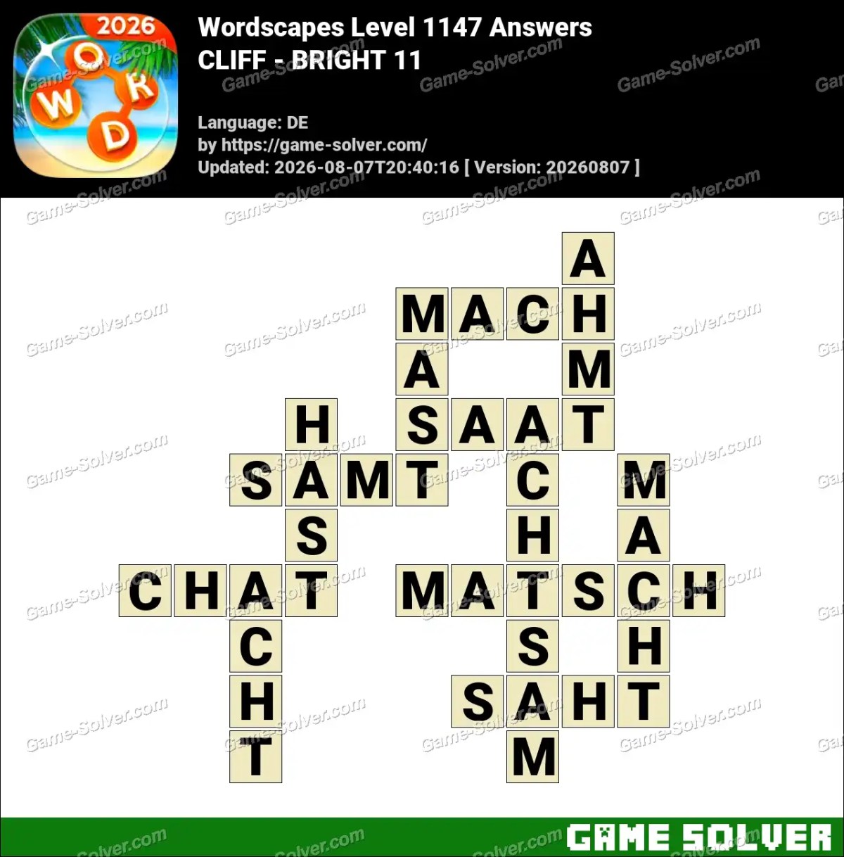 Wordscapes Deutsche Level 1147 Answers — CLIFF - BRIGHT 11