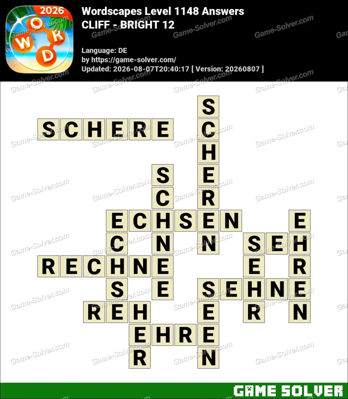 Wordscapes Deutsche Level 1148 Answers — CLIFF - BRIGHT 12