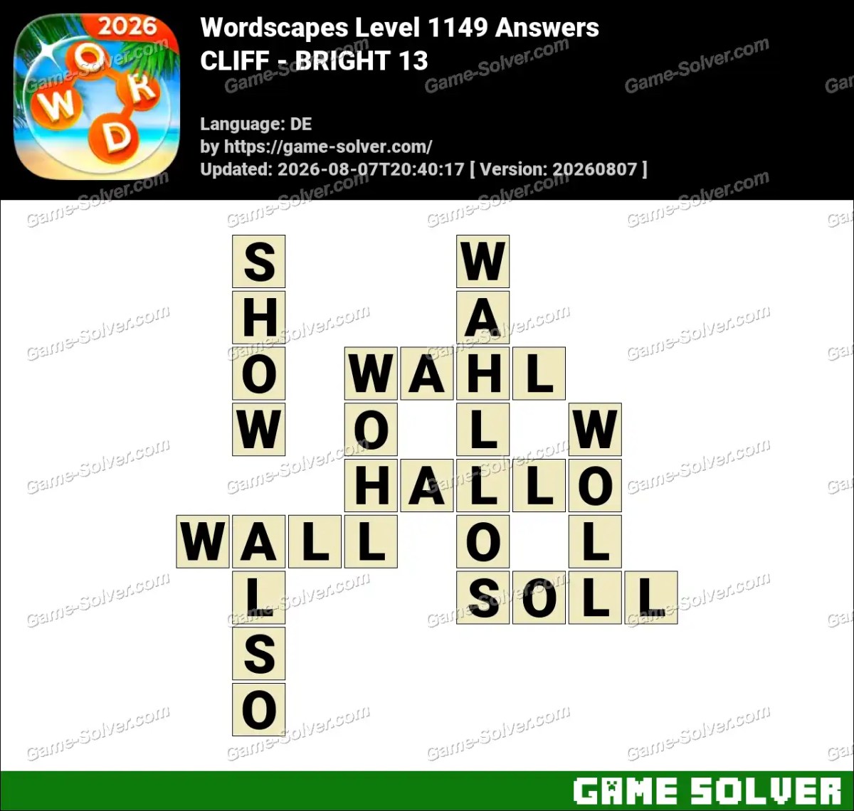 Wordscapes Deutsche Level 1149 Answers — CLIFF - BRIGHT 13
