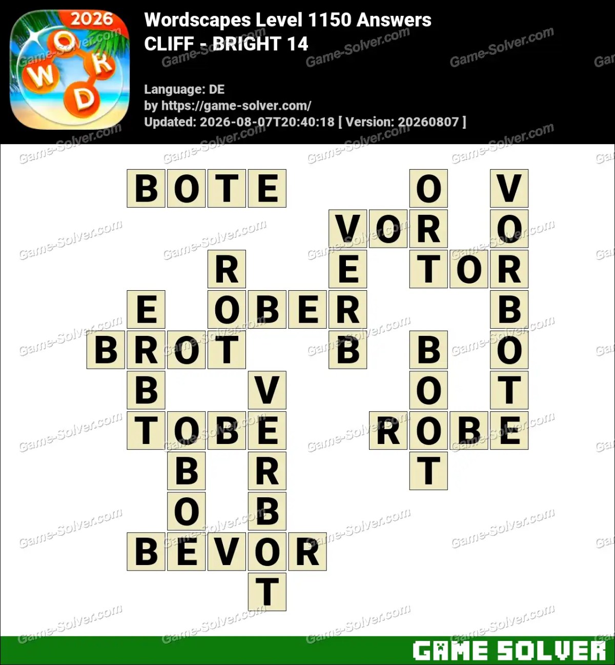 Wordscapes Deutsche Level 1150 Answers — CLIFF - BRIGHT 14