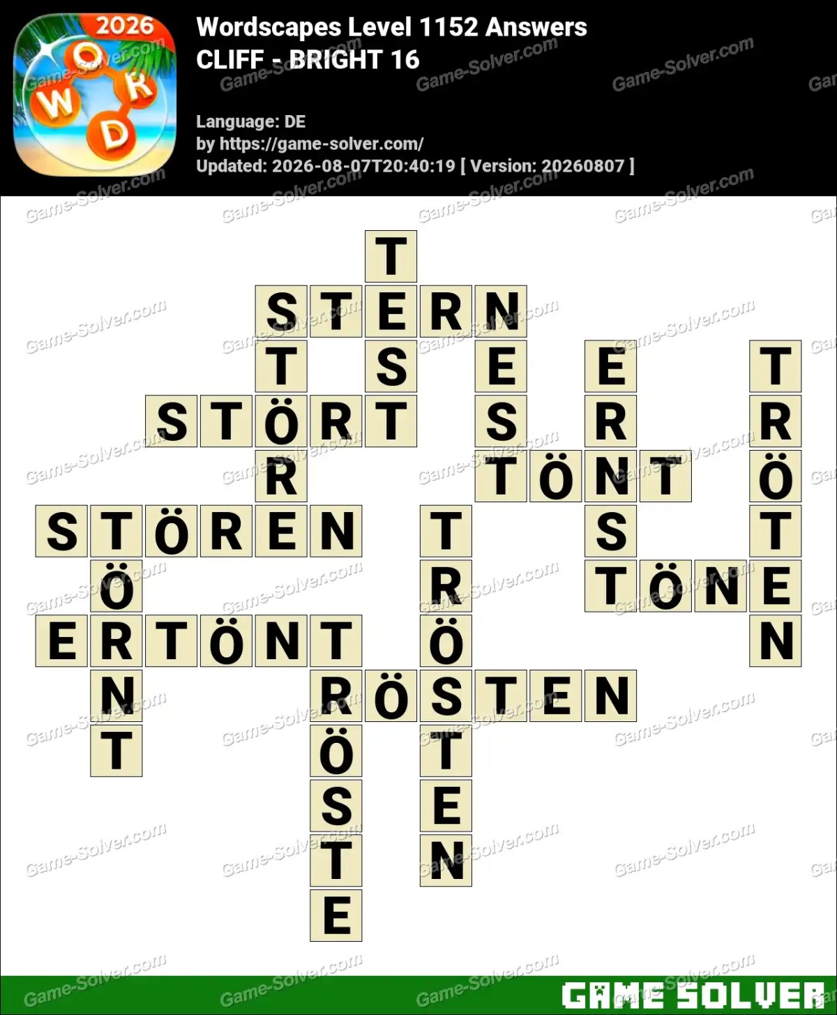 Wordscapes Deutsche Level 1152 Answers — CLIFF - BRIGHT 16
