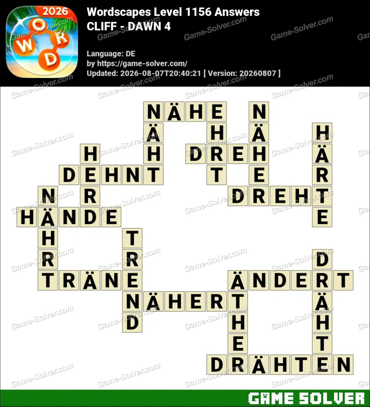 Wordscapes Deutsche Level 1156 Answers — CLIFF - DAWN 4