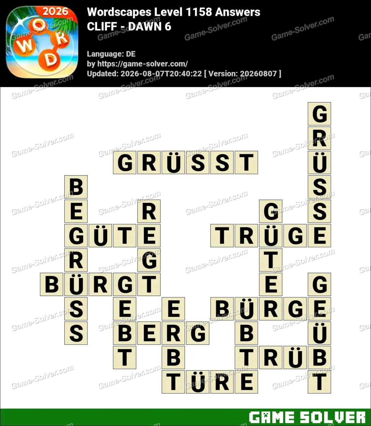 Wordscapes Deutsche Level 1158 Answers — CLIFF - DAWN 6