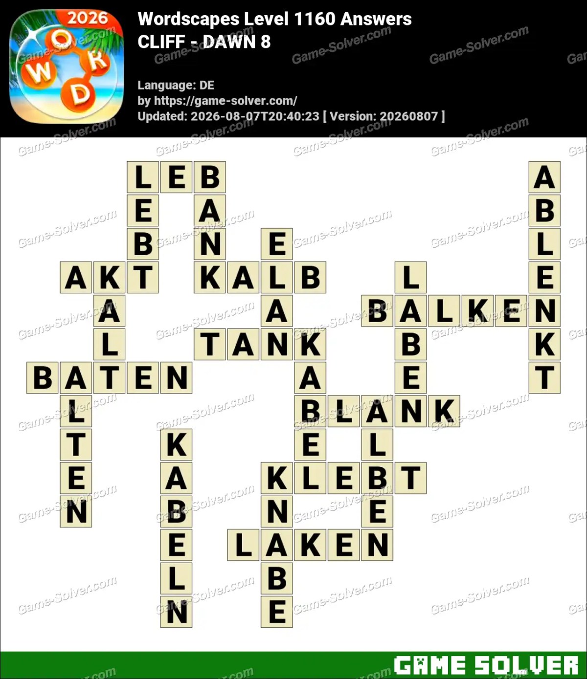 Wordscapes Deutsche Level 1160 Answers — CLIFF - DAWN 8