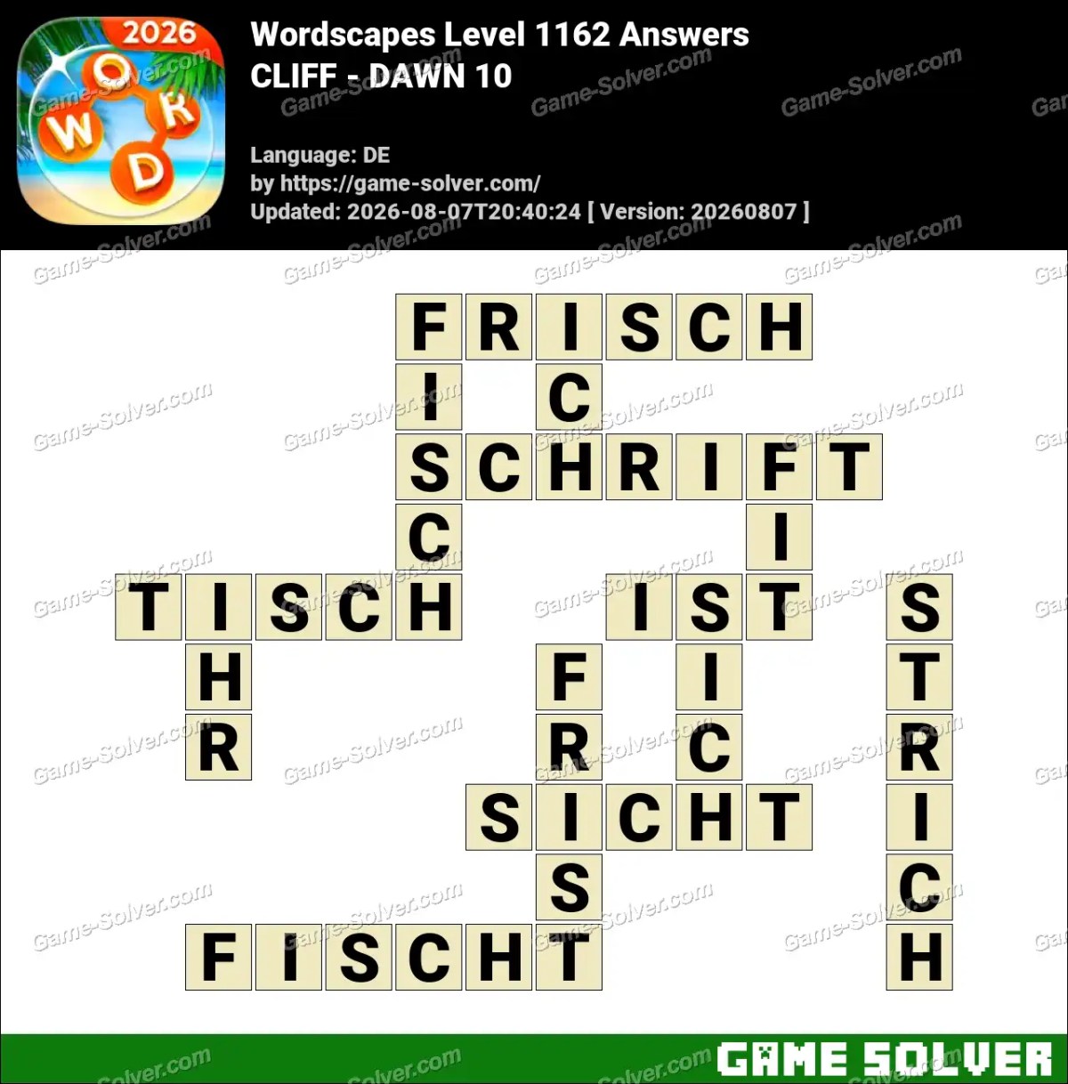 Wordscapes Deutsche Level 1162 Answers — CLIFF - DAWN 10