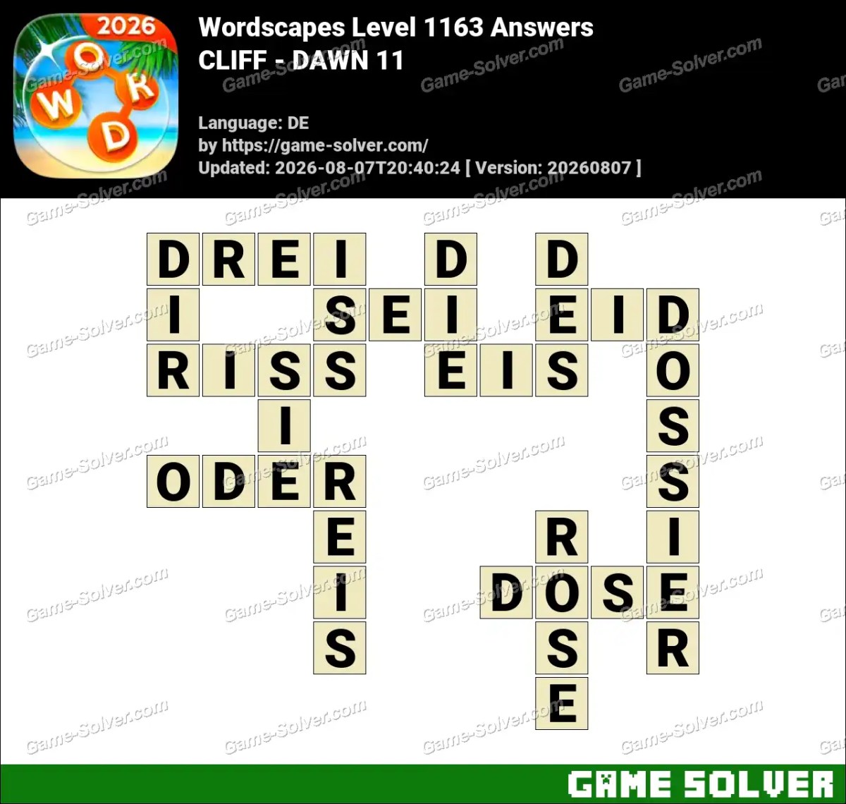 Wordscapes Deutsche Level 1163 Answers — CLIFF - DAWN 11