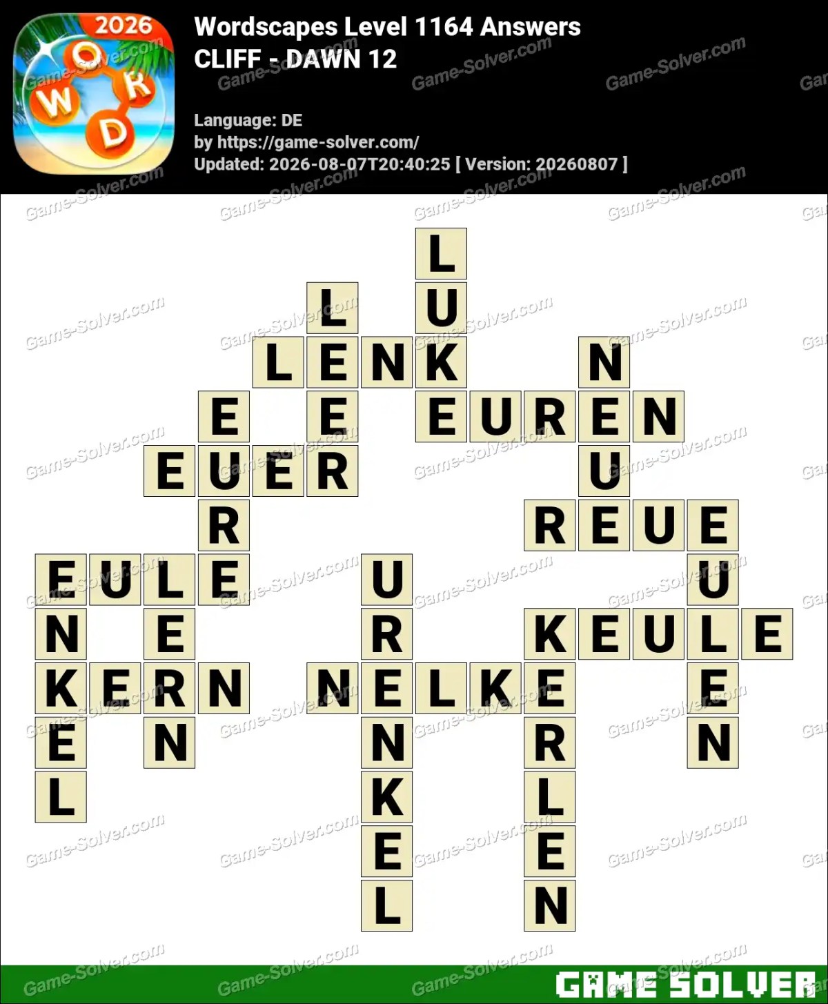 Wordscapes Deutsche Level 1164 Answers — CLIFF - DAWN 12