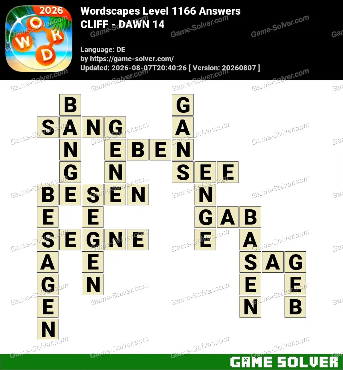Wordscapes Deutsche Level 1166 Answers — CLIFF - DAWN 14