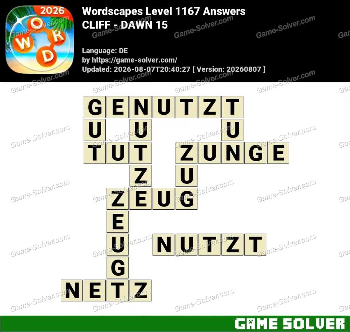 Wordscapes Deutsche Level 1167 Answers — CLIFF - DAWN 15