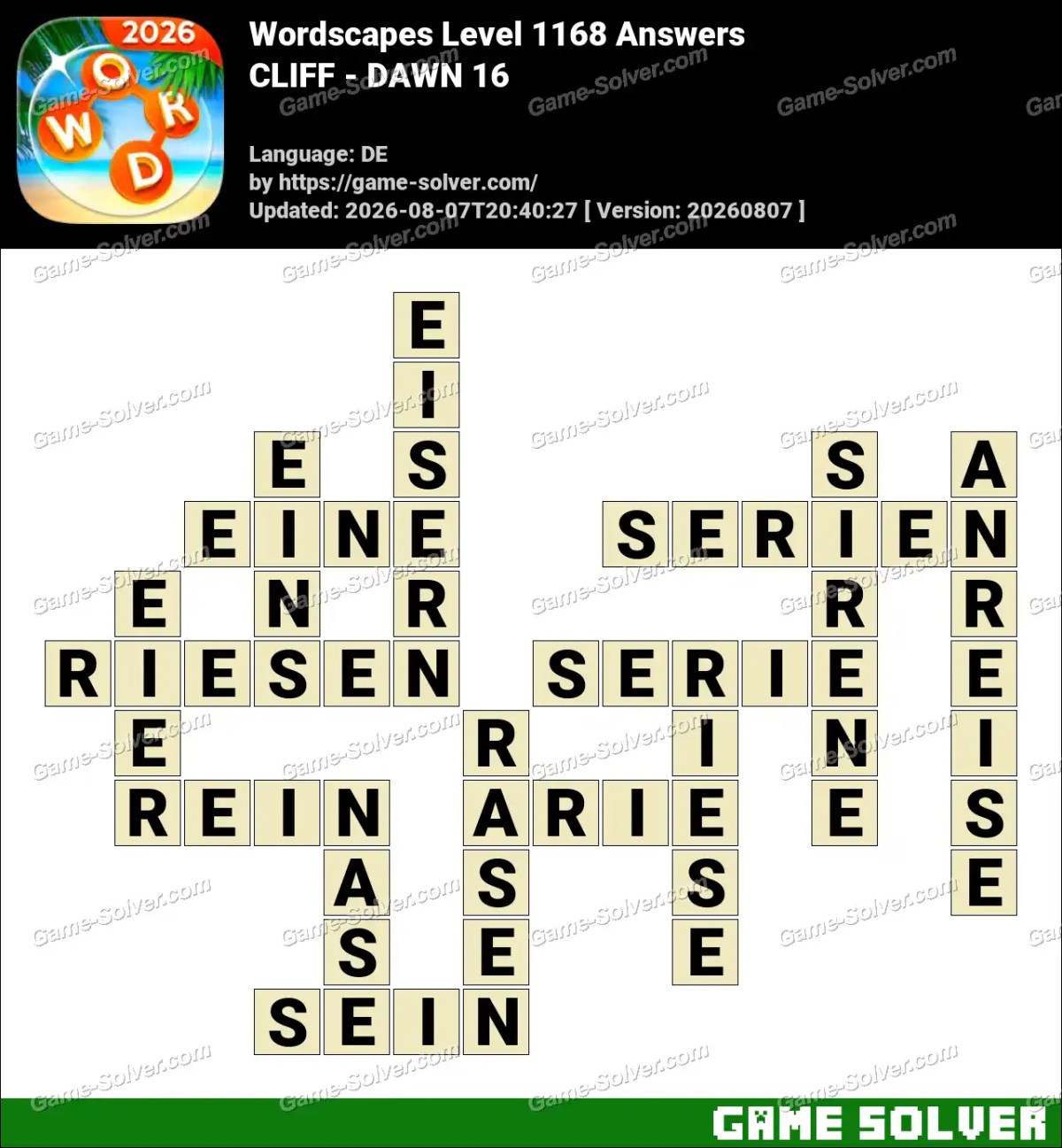Wordscapes Deutsche Level 1168 Answers — CLIFF - DAWN 16