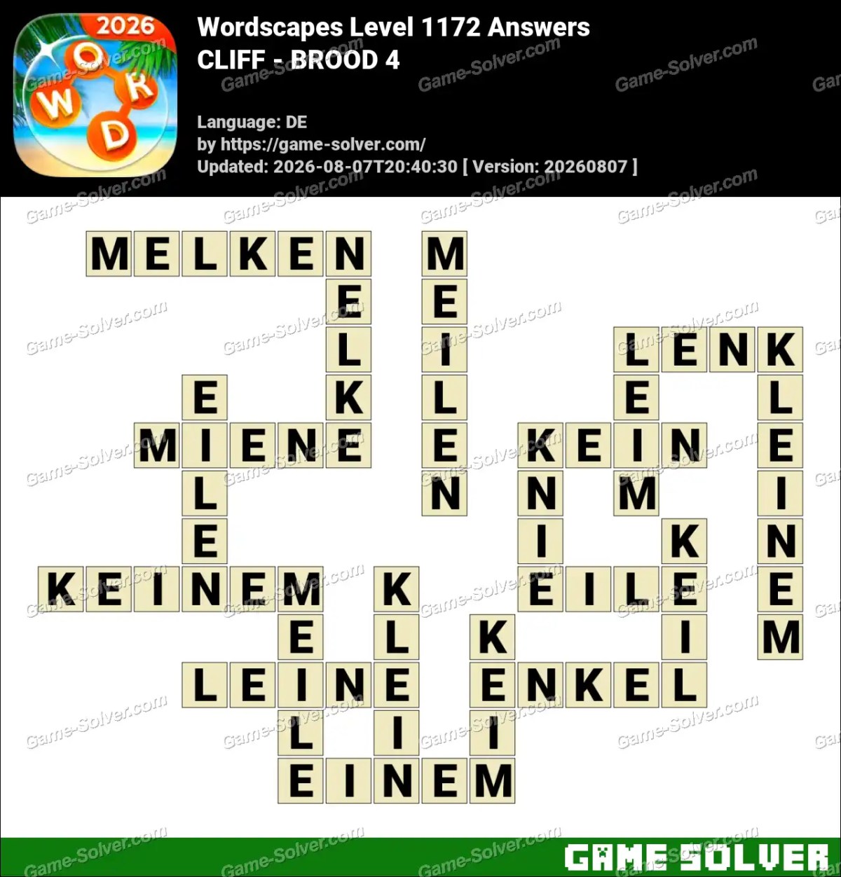 Wordscapes Deutsche Level 1172 Answers — CLIFF - BROOD 4