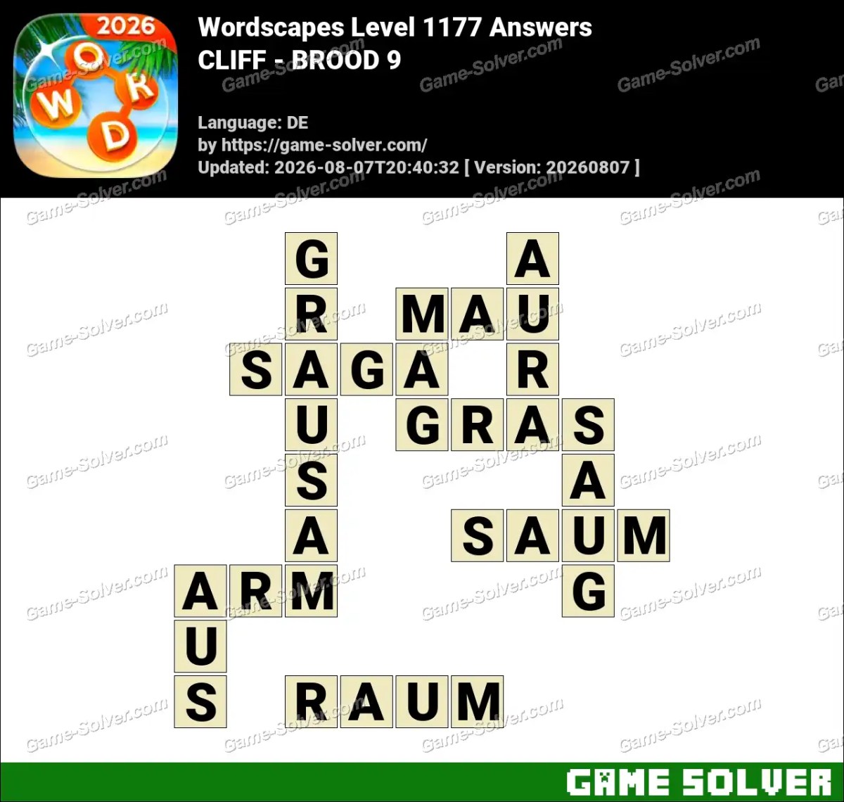 Wordscapes Deutsche Level 1177 Answers — CLIFF - BROOD 9