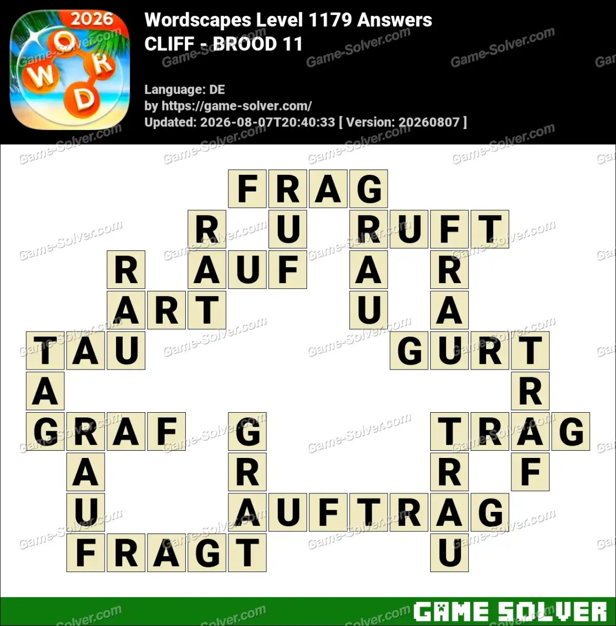 Wordscapes Deutsche Level 1179 Answers — CLIFF - BROOD 11