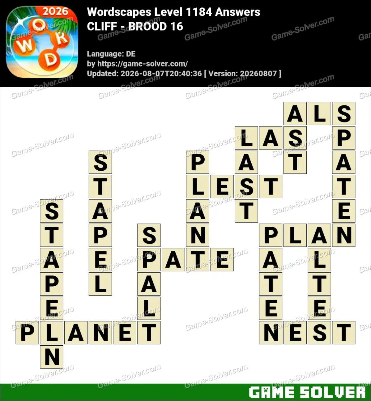 Wordscapes Deutsche Level 1184 Answers — CLIFF - BROOD 16