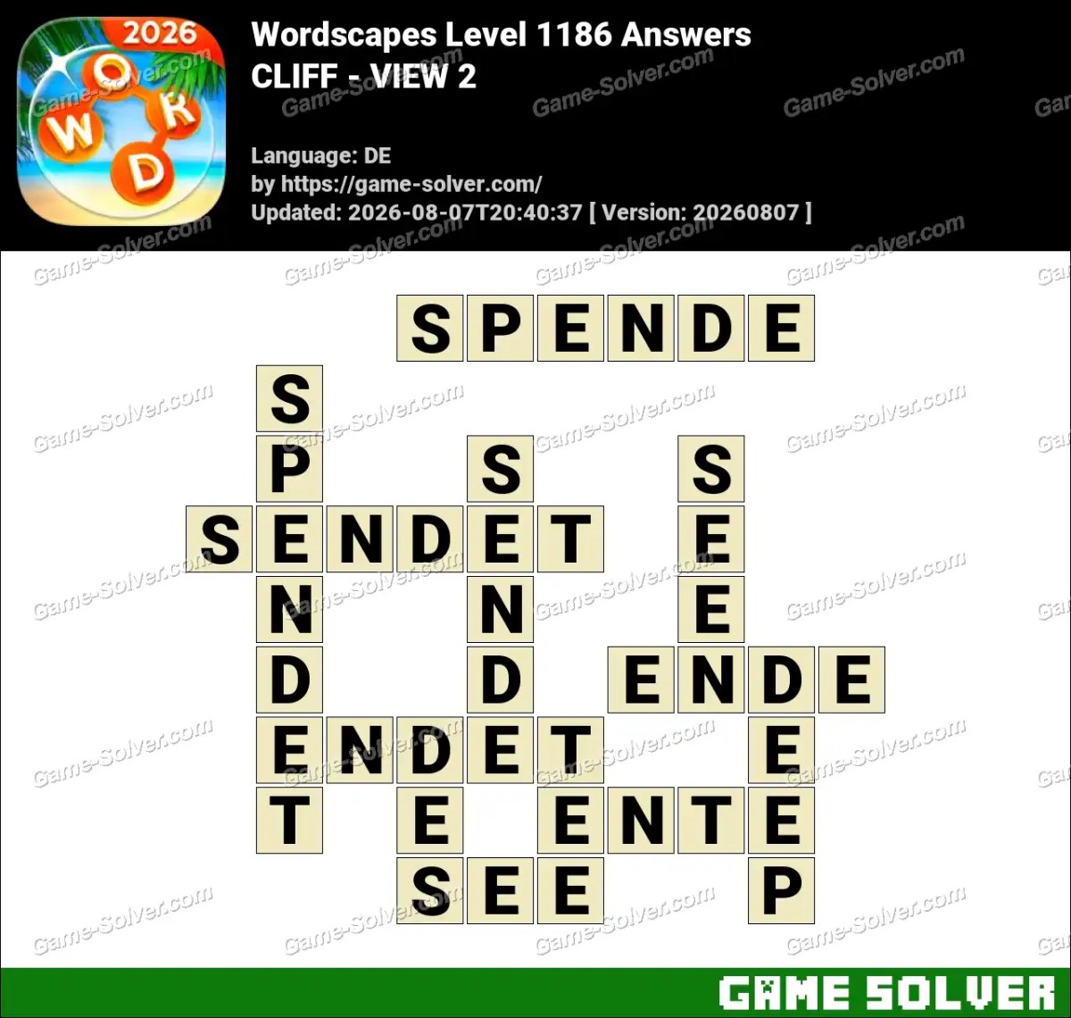 Wordscapes Deutsche Level 1186 Answers — CLIFF - VIEW 2
