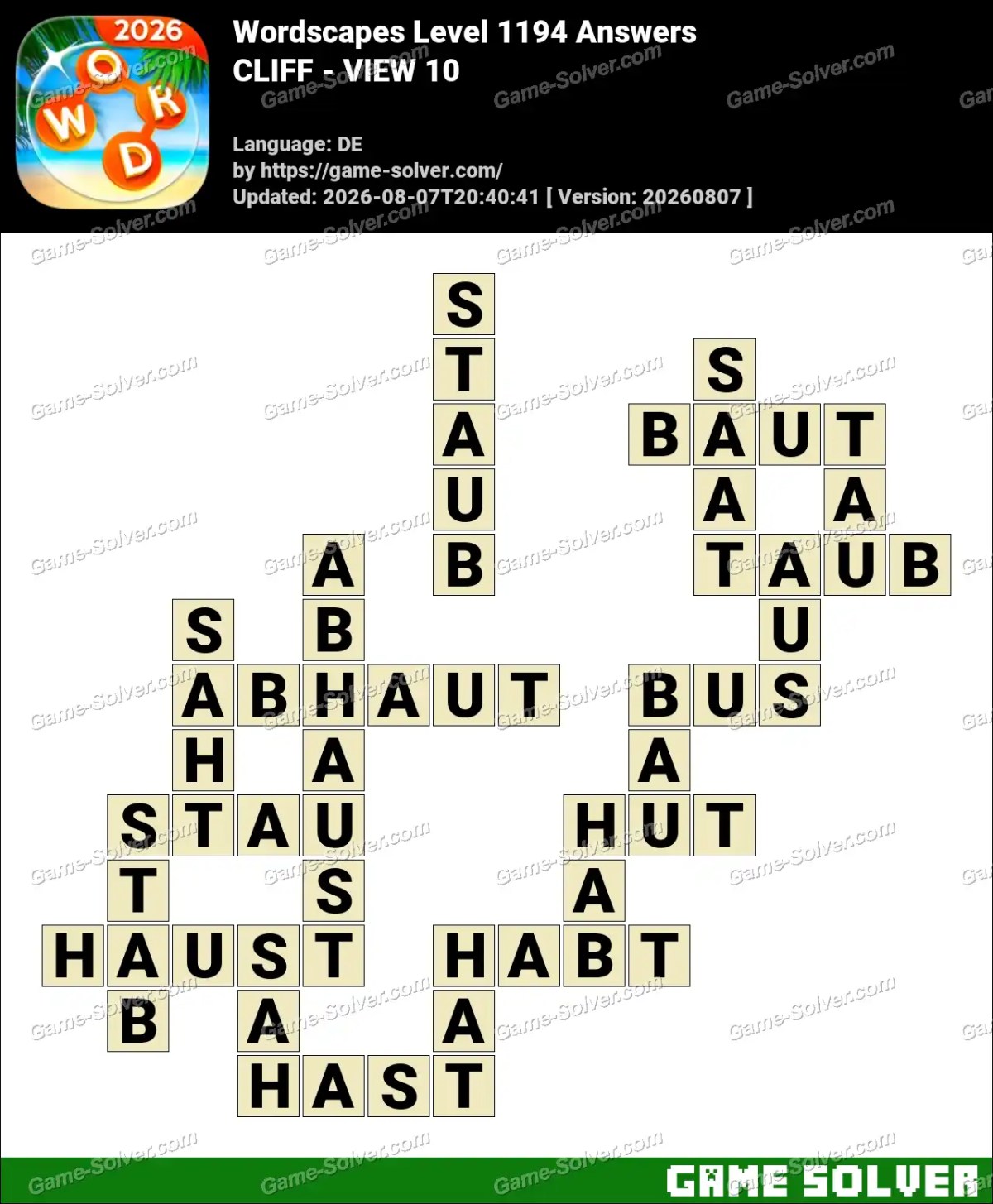 Wordscapes Deutsche Level 1194 Answers — CLIFF - VIEW 10