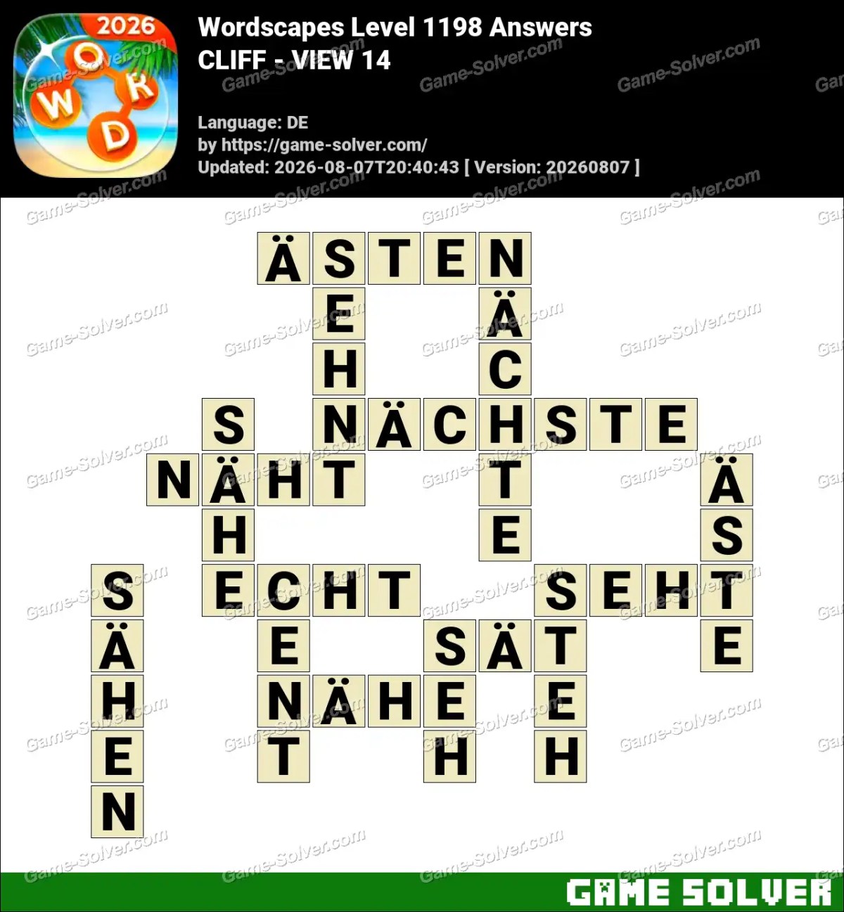 Wordscapes Deutsche Level 1198 Answers — CLIFF - VIEW 14