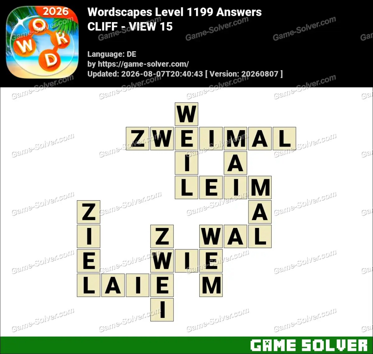 Wordscapes Deutsche Level 1199 Answers — CLIFF - VIEW 15