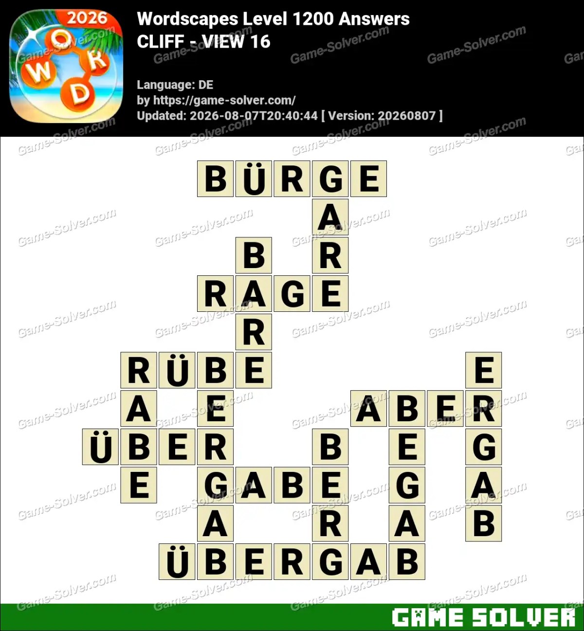 Wordscapes Deutsche Level 1200 Answers — CLIFF - VIEW 16