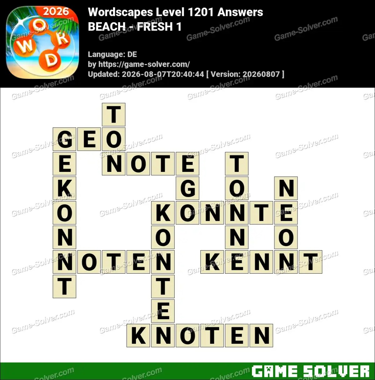 Wordscapes Deutsche Level 1201 Answers — BEACH - FRESH 1