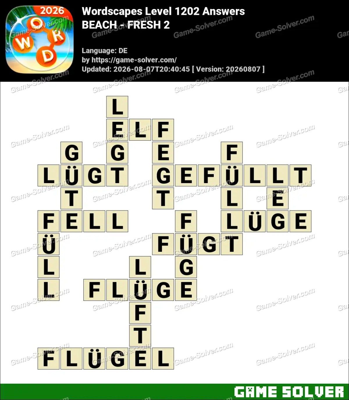 Wordscapes Deutsche Level 1202 Answers — BEACH - FRESH 2
