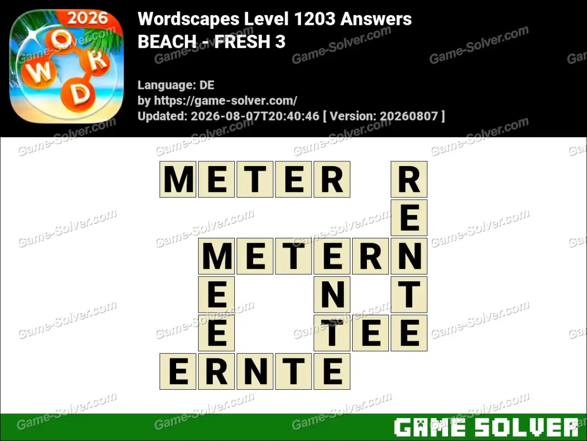 Wordscapes Deutsche Level 1203 Answers — BEACH - FRESH 3