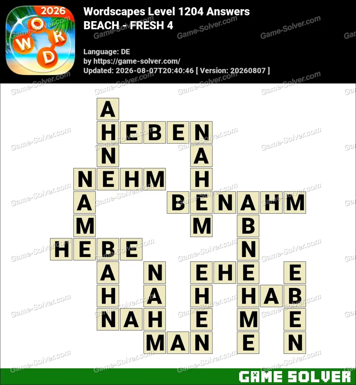Wordscapes Deutsche Level 1204 Answers — BEACH - FRESH 4