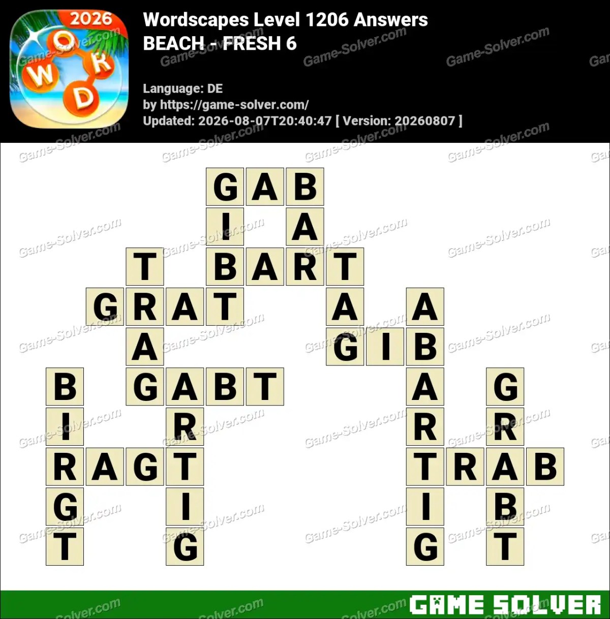 Wordscapes Deutsche Level 1206 Answers — BEACH - FRESH 6
