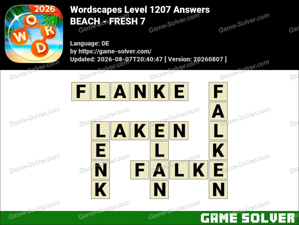 Wordscapes Deutsche Level 1207 Answers — BEACH - FRESH 7