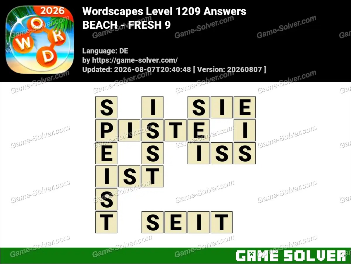 Wordscapes Deutsche Level 1209 Answers — BEACH - FRESH 9