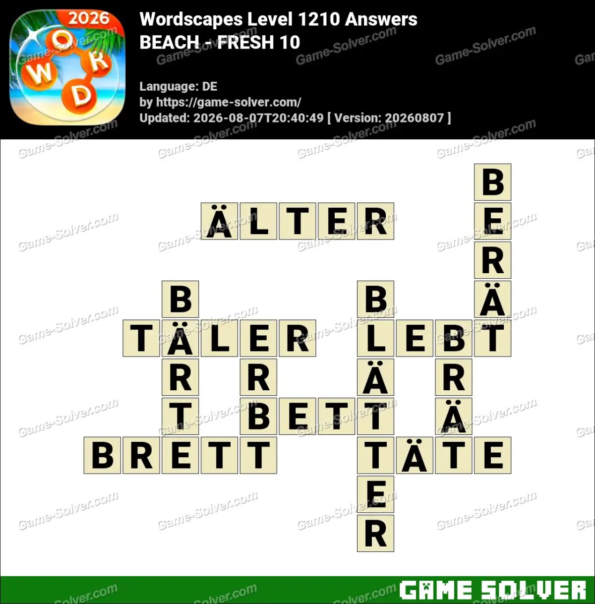 Wordscapes Deutsche Level 1210 Answers — BEACH - FRESH 10