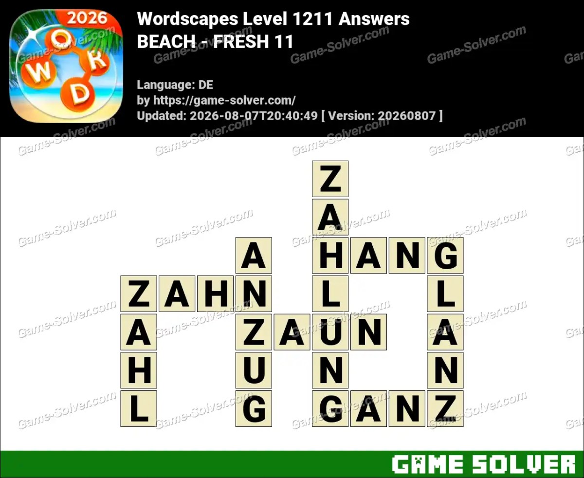 Wordscapes Deutsche Level 1211 Answers — BEACH - FRESH 11