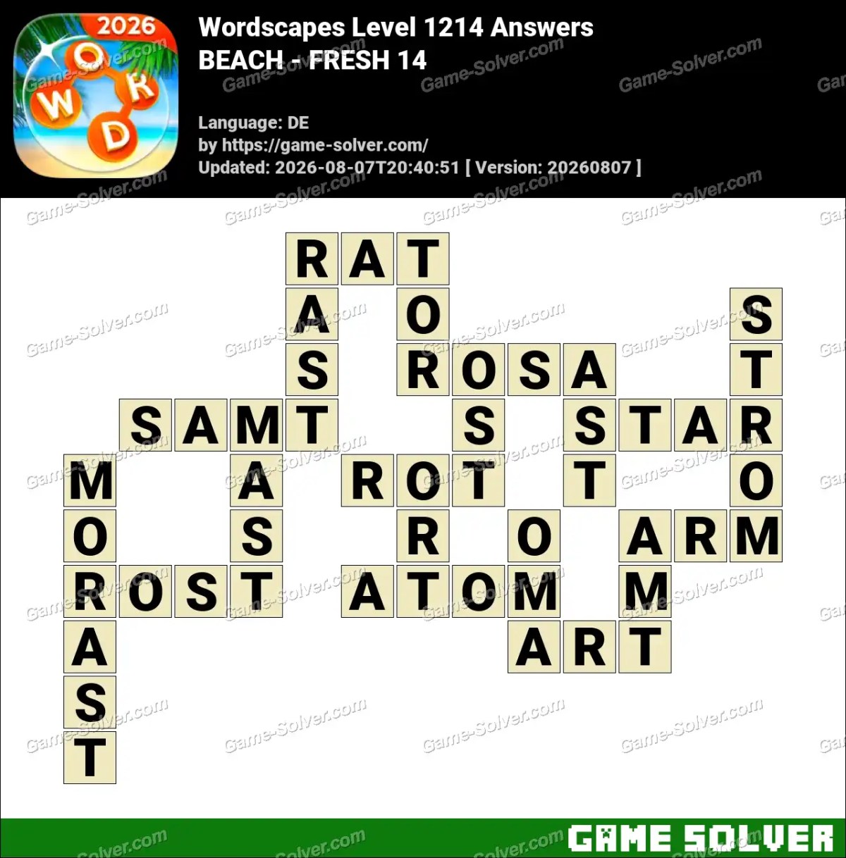 Wordscapes Deutsche Level 1214 Answers — BEACH - FRESH 14