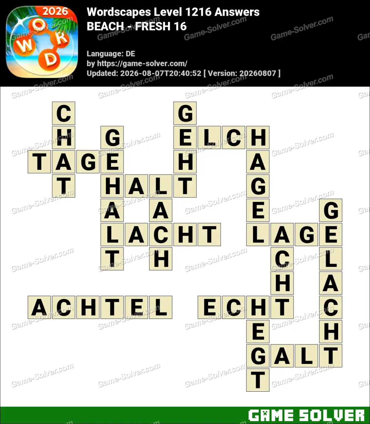 Wordscapes Deutsche Level 1216 Answers — BEACH - FRESH 16