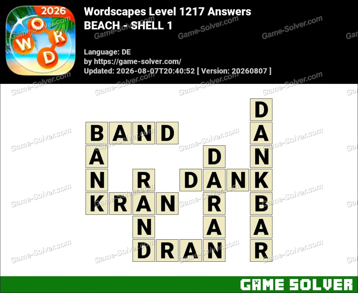 Wordscapes Deutsche Level 1217 Answers — BEACH - SHELL 1