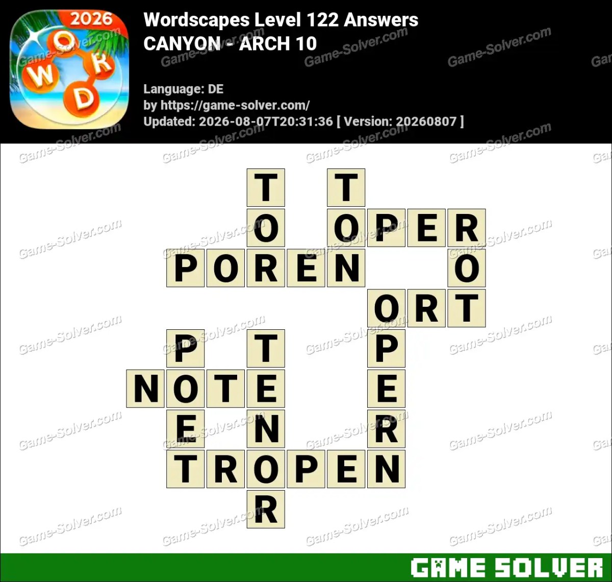 Wordscapes Deutsche Level 122 Answers — CANYON - ARCH 10