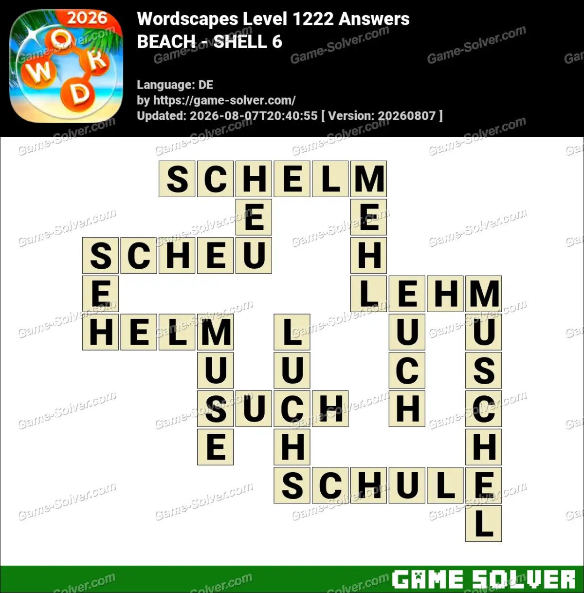 Wordscapes Deutsche Level 1222 Answers — BEACH - SHELL 6